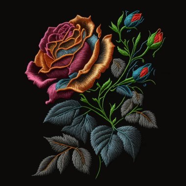 Rose. Tapestry colorful roses flowers, buds, leaves pattern. Embroidery floral vector illustration with beautiful stitch textured red rose flower. Stitching lines surface embroidered texture.