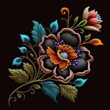 Tapestry colorful flowers, branch, leaves pattern. Embroidery floral vector illustration with beautiful stitch textured flower. Stitching lines surface embroidered texture. For applique, ptint, design