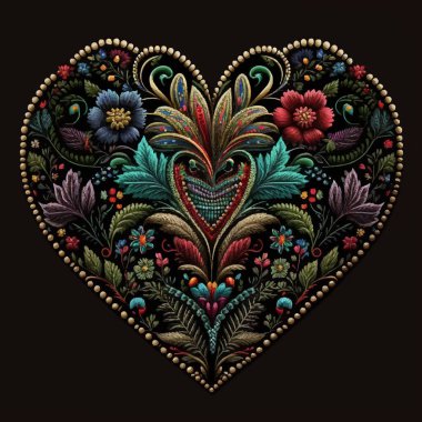 Tapestry ornamental floral love heart pattern background illustration. Embroidery colorful flowers leaves in love heart. Textured ethnic style modern decorative design. Embroidered bright texture.