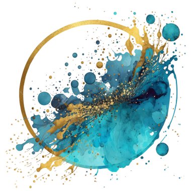 Altın çerçeveli suluboya modern renk desenli kompozisyon, sınır, sim, yazı için yer. Moda lüks dekoratif soyut tasarım. Mavi suluboya leke. İzole vektör dokusu.