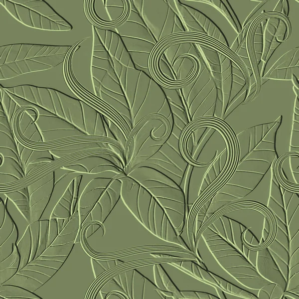 Leafy Textured Green Seamless Pattern Tropische Geprägte Blätter Hintergrund Grunge — Stockvektor