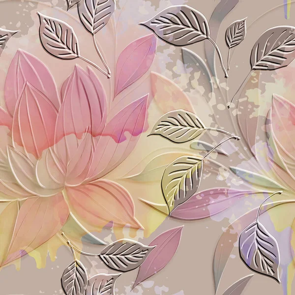 莲花结构3D无缝图案 花序点缀水彩画粉红色背景 肮脏的色彩艳丽的背景 线条艺术热带花 抽象手绘表面植物饰物 — 图库矢量图片