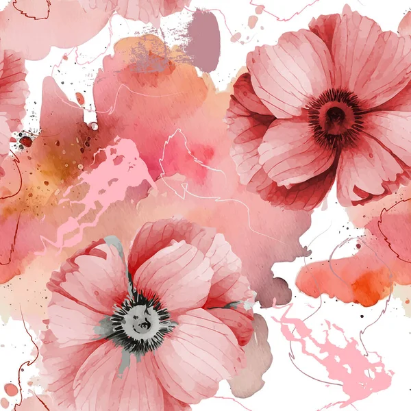 Moderne Künstlerische Aquarell Florale Nahtlose Muster Handgezeichnete Aquarelle Rot Rosa — Stockvektor