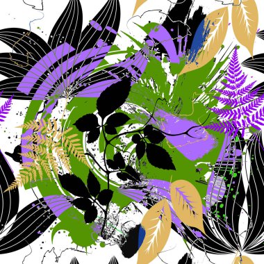 Kirli sanatsal soyut çiçek deseni. Grunge fırça darbeleri vektör arkaplanı. Elle çizilmiş modern desenli süsler çiçekler, yapraklar, dallar, karalama çizgileri, sıçramalar. Moda tasarımı.