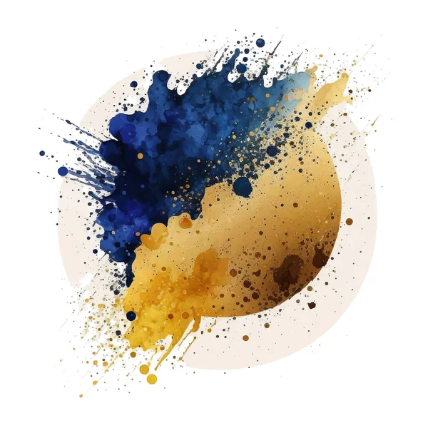 Kobaltově Modrá Žlutá Akvarel Cákanec Skvrny Skvrny Zlatými Třpytkami Akvarelové — Stockový vektor