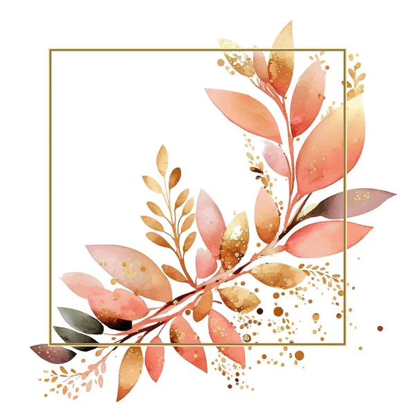 Разноцветная Оливковая Ветвь Акварели Листьями Блестками Золотой Квадратной Рамой Акварель — стоковый вектор