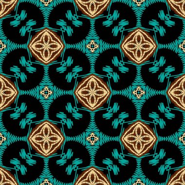 Duvar halısı çiçekli etnik stil vektör kusursuz desen. Süslü desenli arka plan. Dekoratif işlemeli zigzag dikiş süsü. Grunge arka fonunu tekrar et. İşlenmiş desenli sonsuz doku..