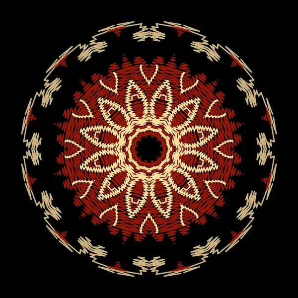 タペストリーフラワーラウンドマンダラパターン 装飾的なテクスチャの背景 装飾刺繍ジグザグステッチ赤い花の装飾 壮大な民族スタイルの背景 刺繍柄の質感 — ストックベクタ