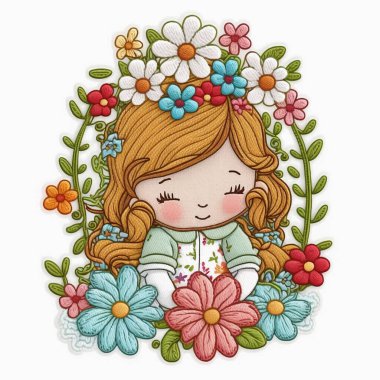 Çizgi film renkli çiçekli küçük kız. Dokulu goblen çiçekli arkaplan çizimi. Güzel, nakışlı, tatlı bir genç kız. Yaz. Romantik işlemeli sanatsal model. Grunge dokusu