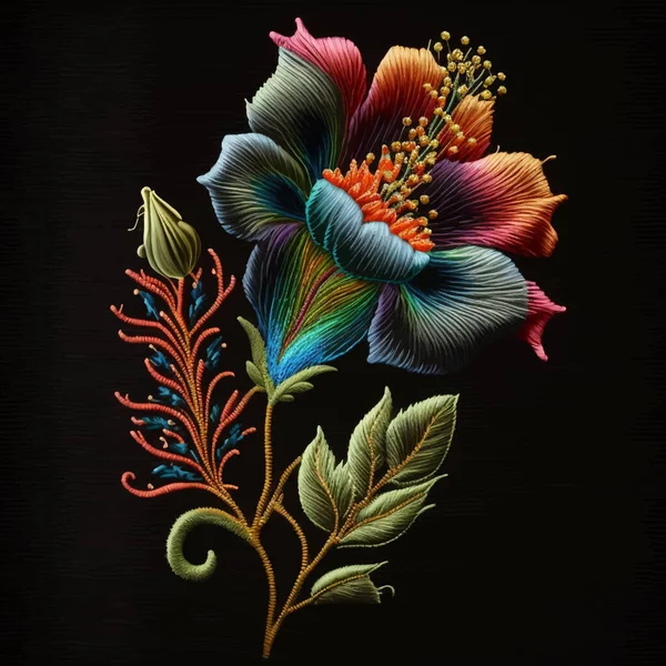 Tapestry colorful flower. Embroidered exotic flower, leaves. Embroidery floral modern background illustration. Tropical abstract stitch textured bright flower. Stitching lines surface texture. Vector.