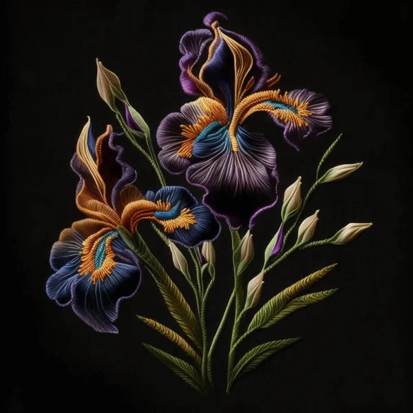 Tapiz Colorido Flor Del Iris Flores Iris Bordadas Hojas Bordado — Vector de stock