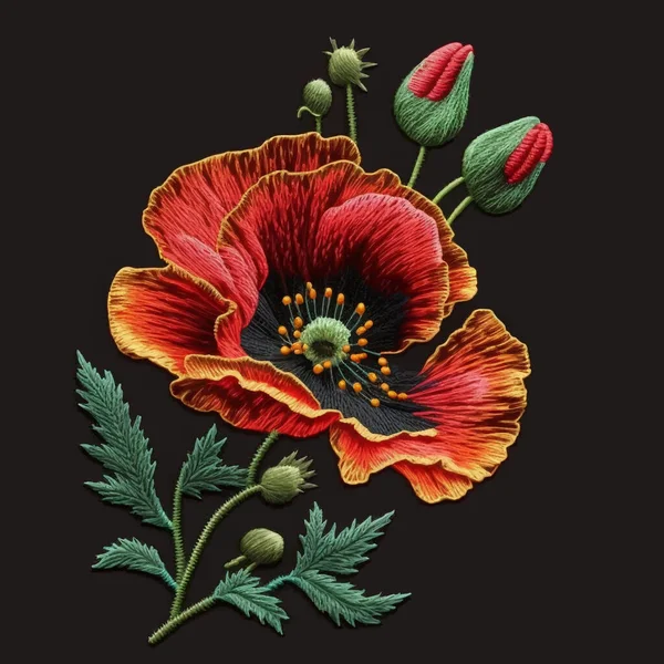 赤いケシの花をタペストリー 刺繍されたケシの花 刺繍花現代的な背景イラスト 美しいステッチテクスチャベクトル野花 線の表面の質感 — ストックベクタ