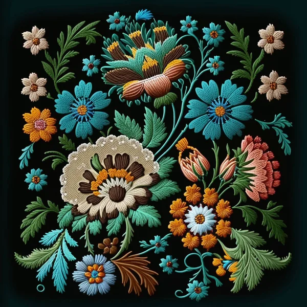 タペストリーの野の花 刺繍されたカラフルな花 刺繍花民族スタイルの背景タイルイラスト 美しいステッチテクスチャベクトル野花 線の表面の質感 — ストックベクタ