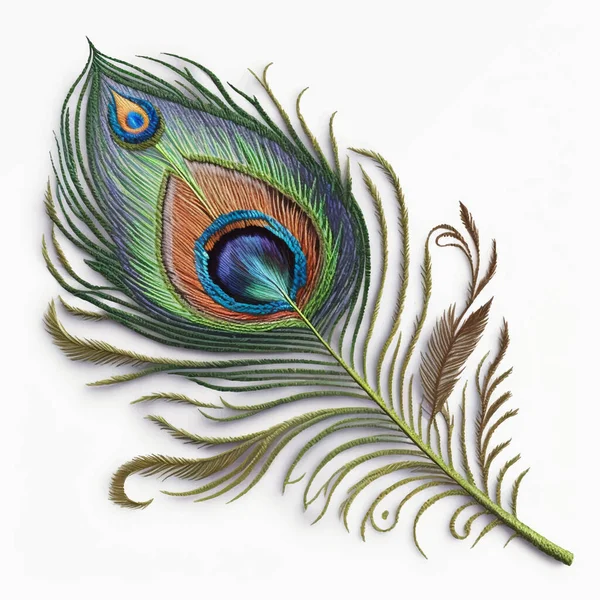 装飾的なタペストリーカラフルな孔雀の羽 刺繍スタイルのテクスチャ明るい羽 装飾的な美しいデザイン 表面ステッチの質感を整えます 白地だ ベクターイラスト — ストックベクタ