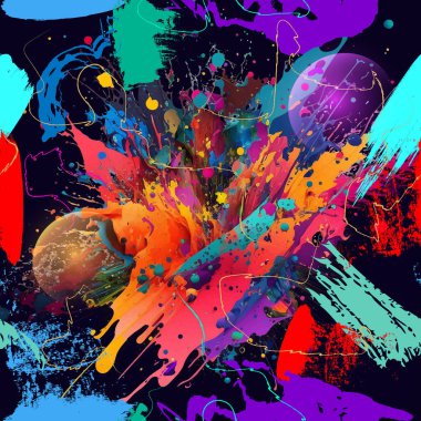 Colorful dirty brush strokes chaotic seamless pattern. Hand drawn modern paint artistic ornament with drawing doodles, splashes, splatters, lines. Vector urban messy background. Endless texture.