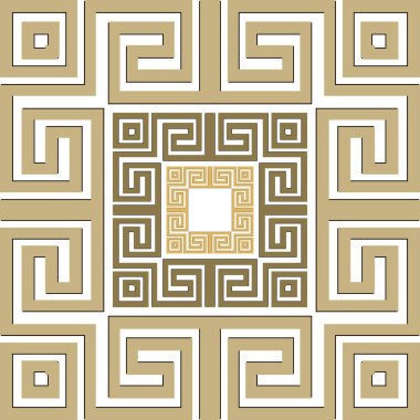 Yunan süslemeli geometrik dikişsiz desen. Modern model vektör arka planı. Geometrik dekoratif arkaplanı tekrar et. Kare çerçeveler, şekiller, semboller ve işaretlerle kareler. Yunan anahtarı, avare.