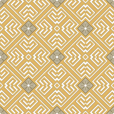 Yunan süslemeli geometrik dikişsiz desen. Modern model vektör arka planı. Geometrik dekoratif etnik arkaplanı tekrarla. Çerçeveli, şekilli, sembollü, işaretli Rhombus süslemeleri. Yunan anahtarı, avare.