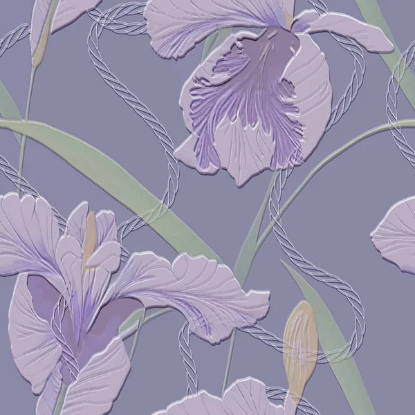Iris Květiny Texturované Emboss Bezešvé Vzor Květinové Reliéfní Tropické Pozadí — Stockový vektor