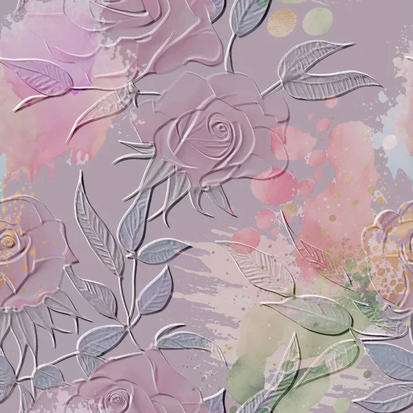 Розы Цветы Текстурированные Бесшовный Узор Цветочный Тисненый Грязный Фон Красочный — стоковый вектор