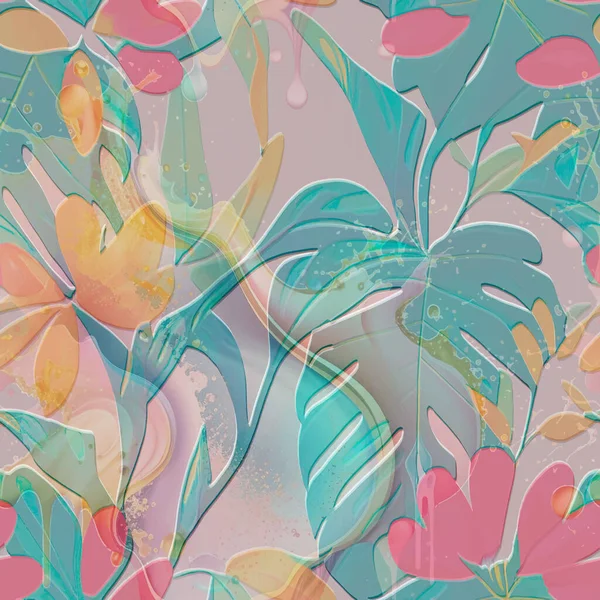 热带花结构3D无缝图案 花序的叶状背景 色彩艳丽的水彩画背景 线条艺术花 手绘表面热带植物装饰品 — 图库矢量图片