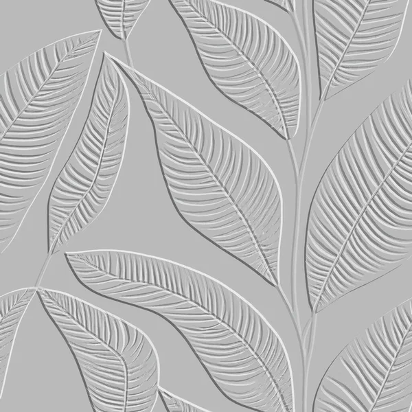 Embossed Leafy White Seamless Pattern Beautiful Floral Relief Background Repeat — Archivo Imágenes Vectoriales