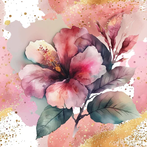 Aquarell Schöne Hibiskusblüten Nahtloses Muster Schmutzig Fleckiger Aquarell Hintergrund Mit — Stockvektor