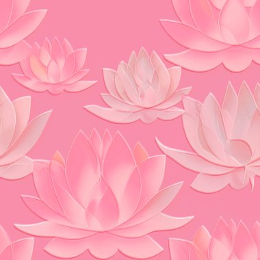 Nilüfer çiçekleri 3 boyutlu kusursuz desenli. Çiçekli kabartmalı tropik pembe arka plan. Zarif, renkli, modern arka plan. Çizgili nilüfer çiçeği, yapraklar. El çizimi tropikal bitkiler..