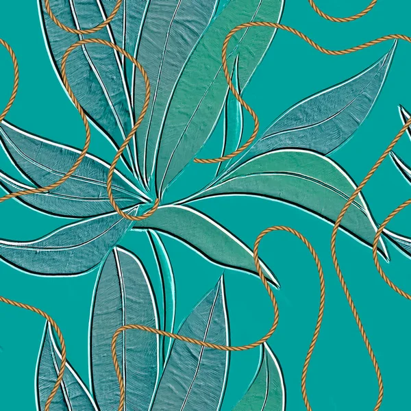 Texturierte Blumen Nahtloses Muster Mit Goldenen Seilen Floral Geprägter Tropischer — Stockvektor
