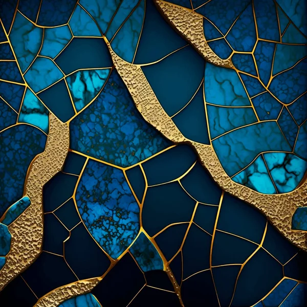 Kobaltblau Marmorierte Abstrakte Hintergrundillustration Mit Goldenen Einlegeadern Glitzern Linien Marmormosaik — Stockvektor
