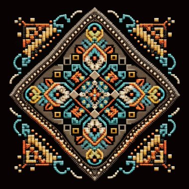 Duvar halısı kabilesinin etnik kare simetrik şekli. Süslü nakış stili vektör arkaplan çizimi. Geometrik desenli renkli süsler. Grunge dokusu. Modern desenli güzel tasarım.