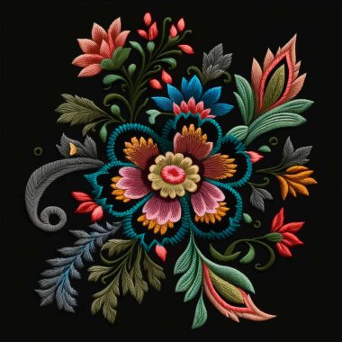 Duvar halısı renkli çiçek. İşlemeli dikişler, çiçekler, yapraklar. İşlemeli çiçekli arkaplan çizimi. Güzel etnik stil dikişler parlak vektör çiçekleri dokusuna sahip. Yüzey dokusu ilmekleniyor.