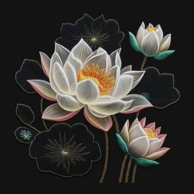 Beyaz Lotus çiçekleri. Duvar halısı, nilüfer çiçekleri desenli arkaplan çizimi. Dekoratif renkli nakış çiçekleri, zambak çiçekleri, yapraklar. Dikiş izleri dokusu. Vektör.