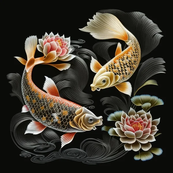 織物刺繍魚 中国の和風ベクトル背景イラスト 装飾的な刺繍魚 蓮の花 現代的な装飾花のデザイン 装飾的な表面の刺繍のテクスチャ — ストックベクタ
