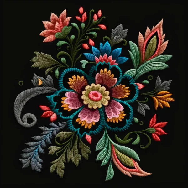 タペストリー色の花 刺繍ステッチライン花 刺繍花の背景イラスト 美しい民族スタイルのステッチテクスチャ明るいベクトルの花 表面の質感をステッチ — ストックベクタ