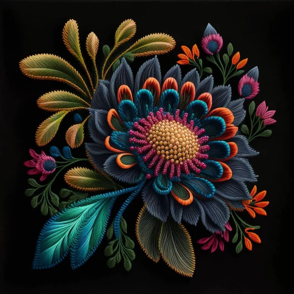 タペストリー色の花 刺繍ステッチライン花 刺繍花の背景イラスト 美しい抽象的なステッチテクスチャ明るいベクトルの花 表面の質感をステッチ — ストックベクタ
