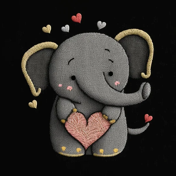 Desenhos Animados Pequeno Elefante Bonito Com Corações Amor Bordado Texturizado — Vetor de Stock