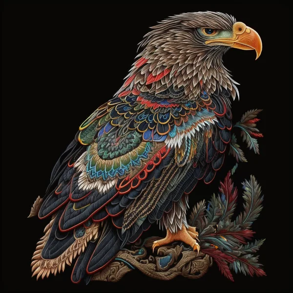 ワシだ タペストリー装飾誇り高いワシの鳥 刺繍テクスチャベクトル背景イラスト 野生動物 装飾的な豪華なデザイン カラフルな模様の鷲 — ストックベクタ
