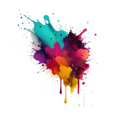 Parlak renkli suluboya lekesi sıçrayan fırça darbeleri beyaz arka planda. Modern akvaryum benekli desen. Beyazın modaya uygun tasarımı. Element. Vektör suluboya çizimi.