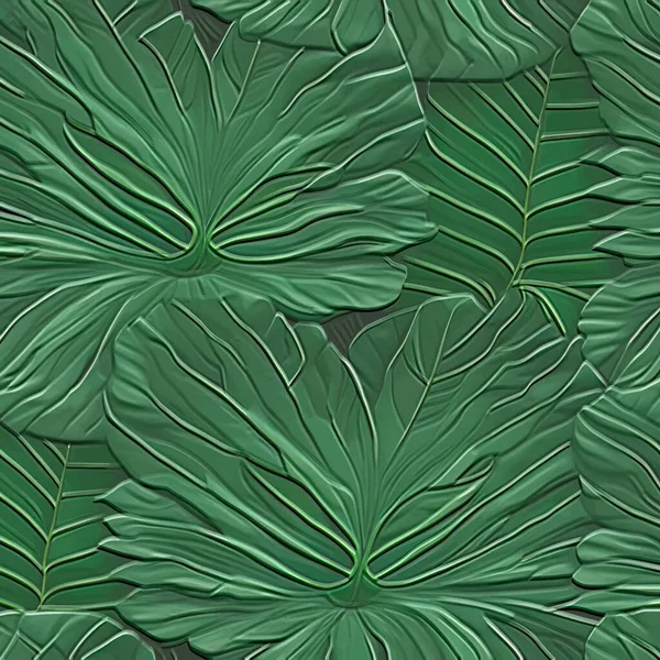 Emboss Зеленые Листья Тропический Векторный Узор Тропические Растения Текстурированный Листовой — стоковый вектор
