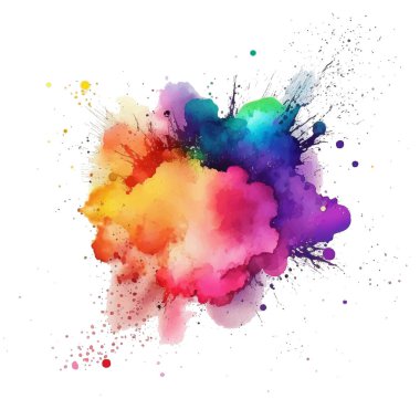Parlak renkli suluboya sıçrama lekesi fırça darbesi, beyaz arka planda. Modern canlı akvaryum lekesi. Gökkuşağı modası beyazda izole edilmiş tasarım. Element. Vektör suluboya çizimi.