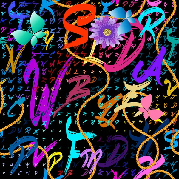 Leuchtende Buchstaben Nahtloses Muster Mit Blumen Schmetterlingen Seilen Schriftzug Hintergrund — Stockvektor