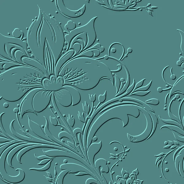 ヴィンテージラインは テクスチャ3Dエンボスシームレスなパターンの背景を花 ブルーの背景 ラインアートの花 レリーフ手描かれた表面近代的な装飾 華やかなデザイン — ストックベクタ