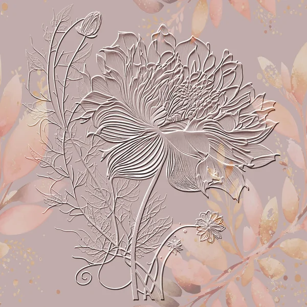 美しいラインの花のテクスチャ3Dシームレスパターン 花のエンボス水彩ピンクの背景 グランジ汚れカラフルな背景 ラインアートの花 レリーフ手描き面近代的な装飾 — ストックベクタ