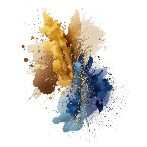 Modrá Zlatá Akvarel Stříkající Skvrny Skvrny Zlatými Třpytkami Akvarelové Tahy — Stockový vektor