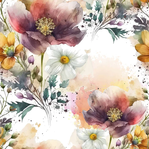 Aquarell Schöne Bunte Wildblumen Nahtlose Muster Schmutzige Aquarell Romantischen Hintergrund — Stockvektor