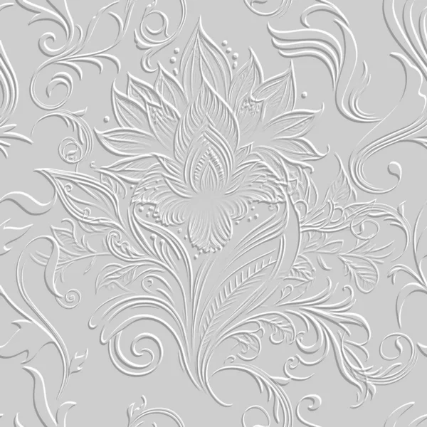 ヴィンテージラインは テクスチャ3Dエンボスシームレスなパターンの背景を花 背景は白地 ラインアートの花 レリーフ手描かれた表面近代的な装飾 華やかなデザイン — ストックベクタ