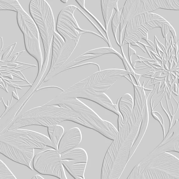 Vit Emboss Blommig Sömlös Mönster Tropiska Blad Blommor Relief Bakgrund — Stock vektor