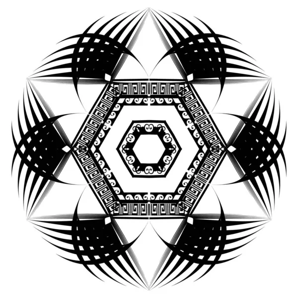フラクタルだ 曼荼羅 黒と白の丸線のフラクタルパターン ヘキサゴン ギリシャ語のキーはベクトル線の装飾を意味する 抽象的な近代的な孤立したデザイン 黒を基調としたラインアートストライプのフラクタルデザイン — ストックベクタ