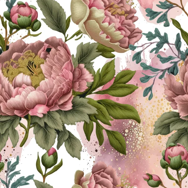 Aquarell Schöne Rosa Pfingstrose Blüten Nahtlose Muster Schmutziger Aquarell Hintergrund — Stockvektor