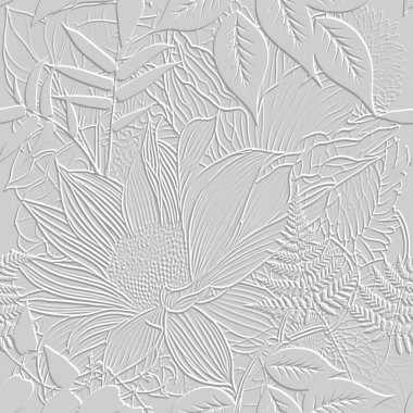3 boyutlu kabartmalı çiçek desenli. Dokulu tropikal çiçek rahatlama arka planı. Kabartma beyaz arka planı tekrarla. Yüzey çiçekleri, yapraklar. Kabartma efektli 3D çizgili çiçek süsü.